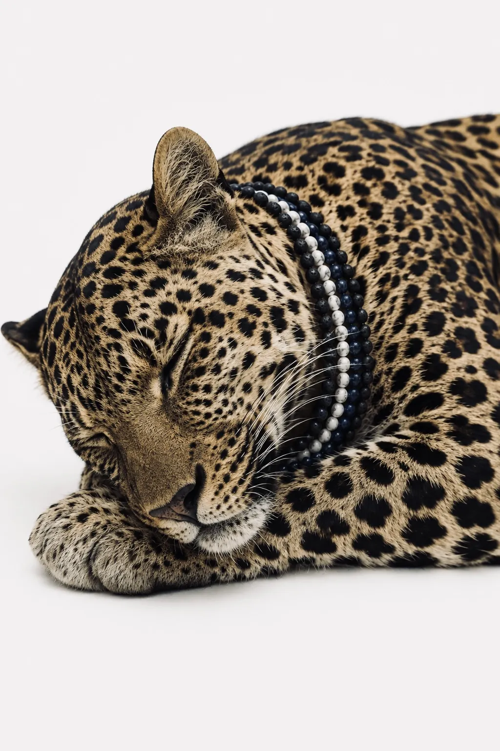 Schlafender Leopard mit zwei Naturstein-Armbändern am Nacken