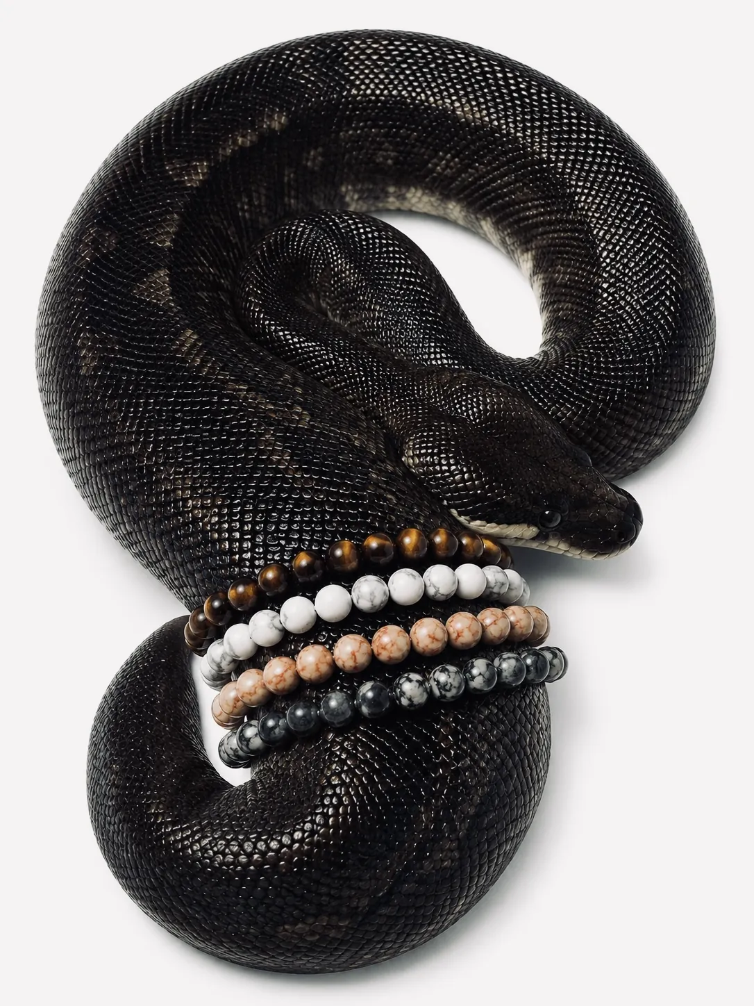 Schwarze Python, um sie gelegt vier Naturstein-Armbänder