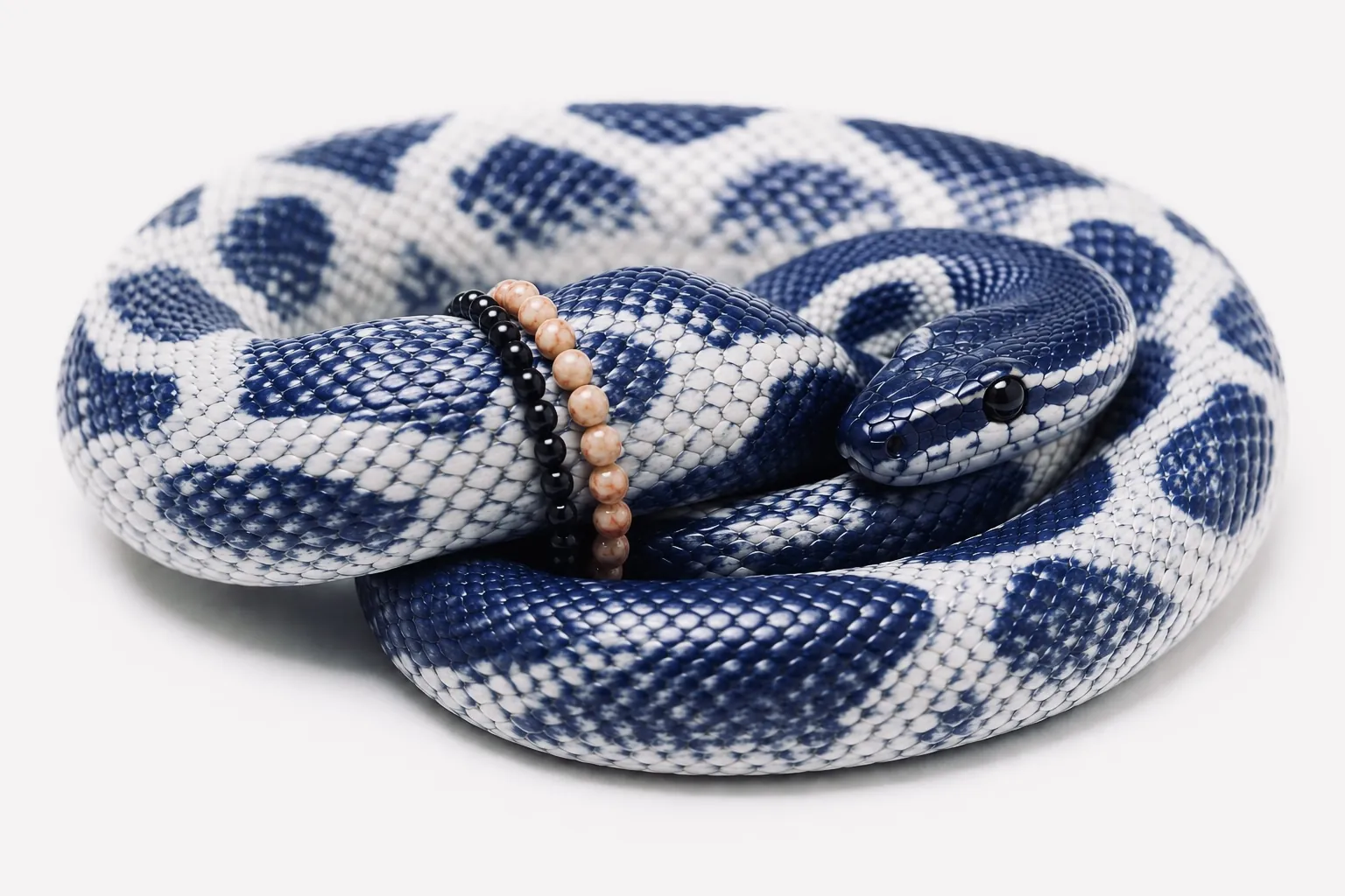 Blau-weiß gemusterte Schlange, um sie gelegt zwei Armbänder