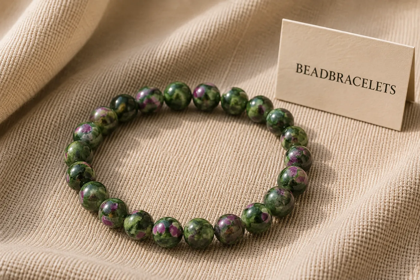 BLOOM — Rubin-Zoisit-Perlenarmband, 5–7 mm, auf Leinen