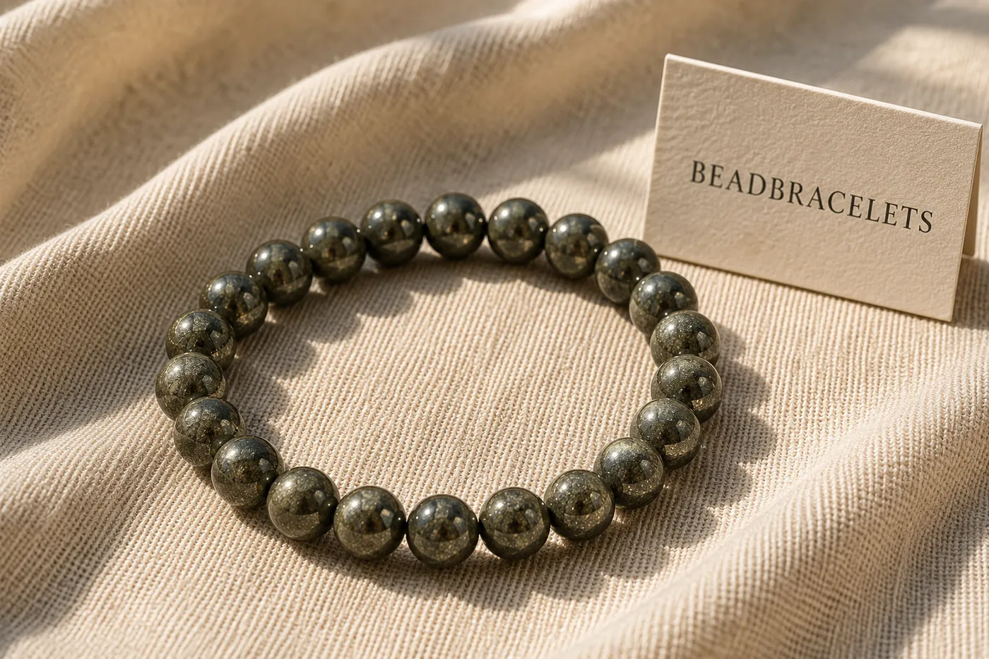 PYRITE — Pyrit-Perlenarmband, 5–7 mm, auf Leinen